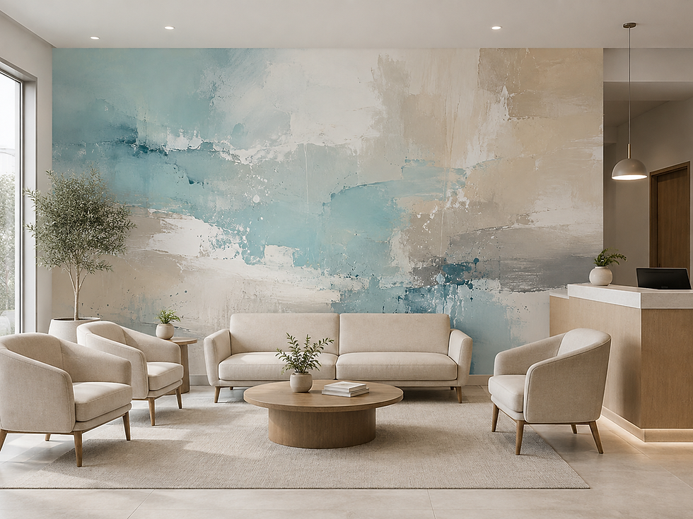 Thumbnail: Aqua coastal wallpaper mural with airy cream and warm beige painterly texture in a waiting area.