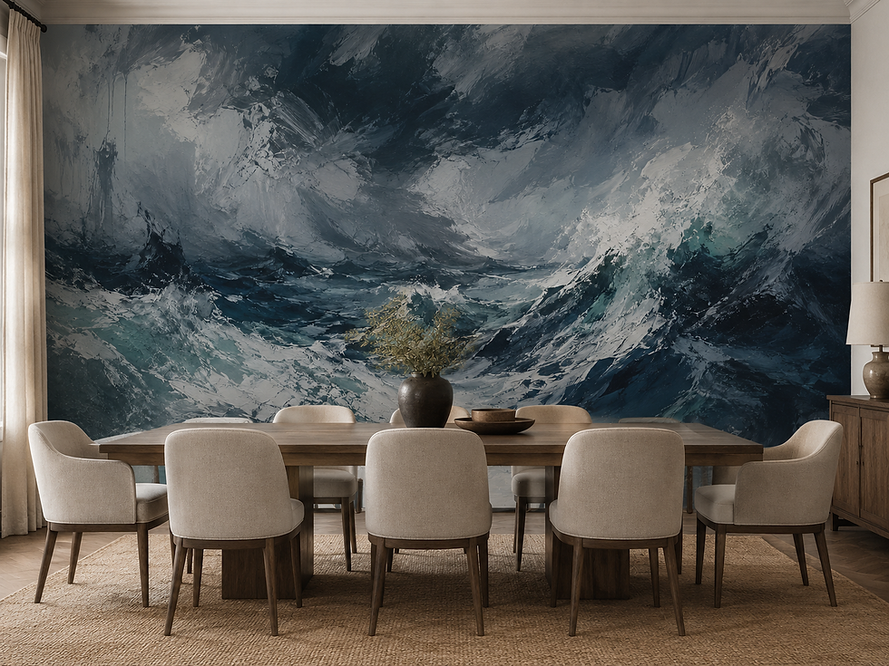 Thumbnail: Dark blue seascape wallpaper with powerful ocean waves, white foam and textured painted details in a dining room