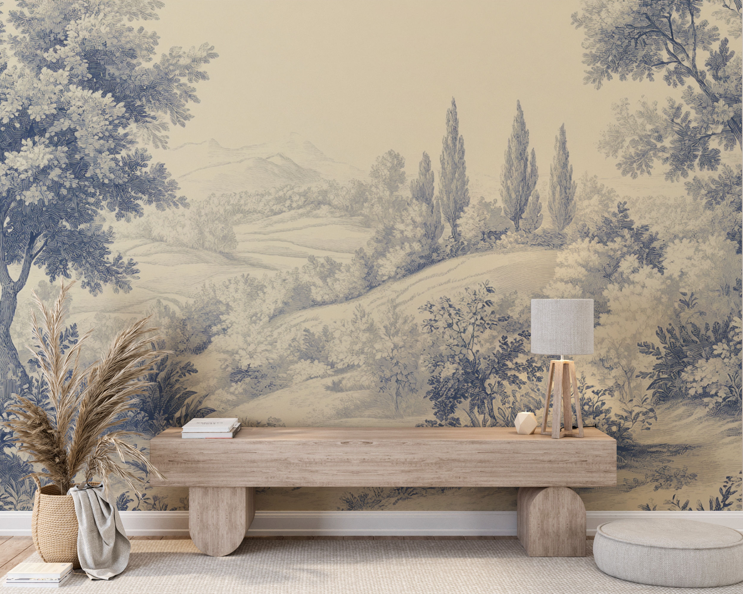 vintage toile wallpaper bedroom interior