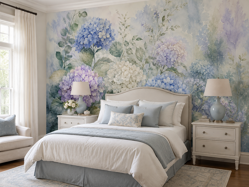 Thumbnail: Elegant botanical wallpaper mural featuring watercolor blue hydrangeas for a luxurious primary bedroom.