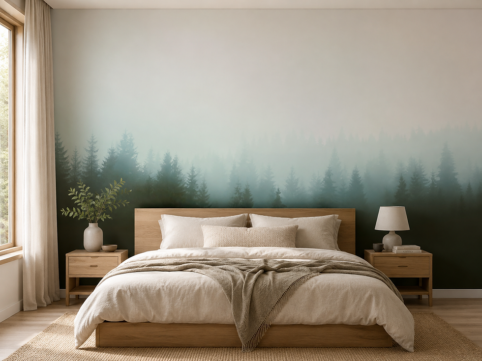 Thumbnail: Pine forest wallpaper for a bedroom with peaceful evergreen trees and misty landscape