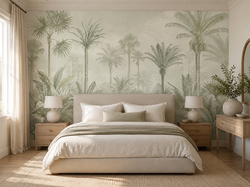 Thumbnail: Vintage tropical toile mural with fine palm drawings and muted olive foliage in an elegant guest room.