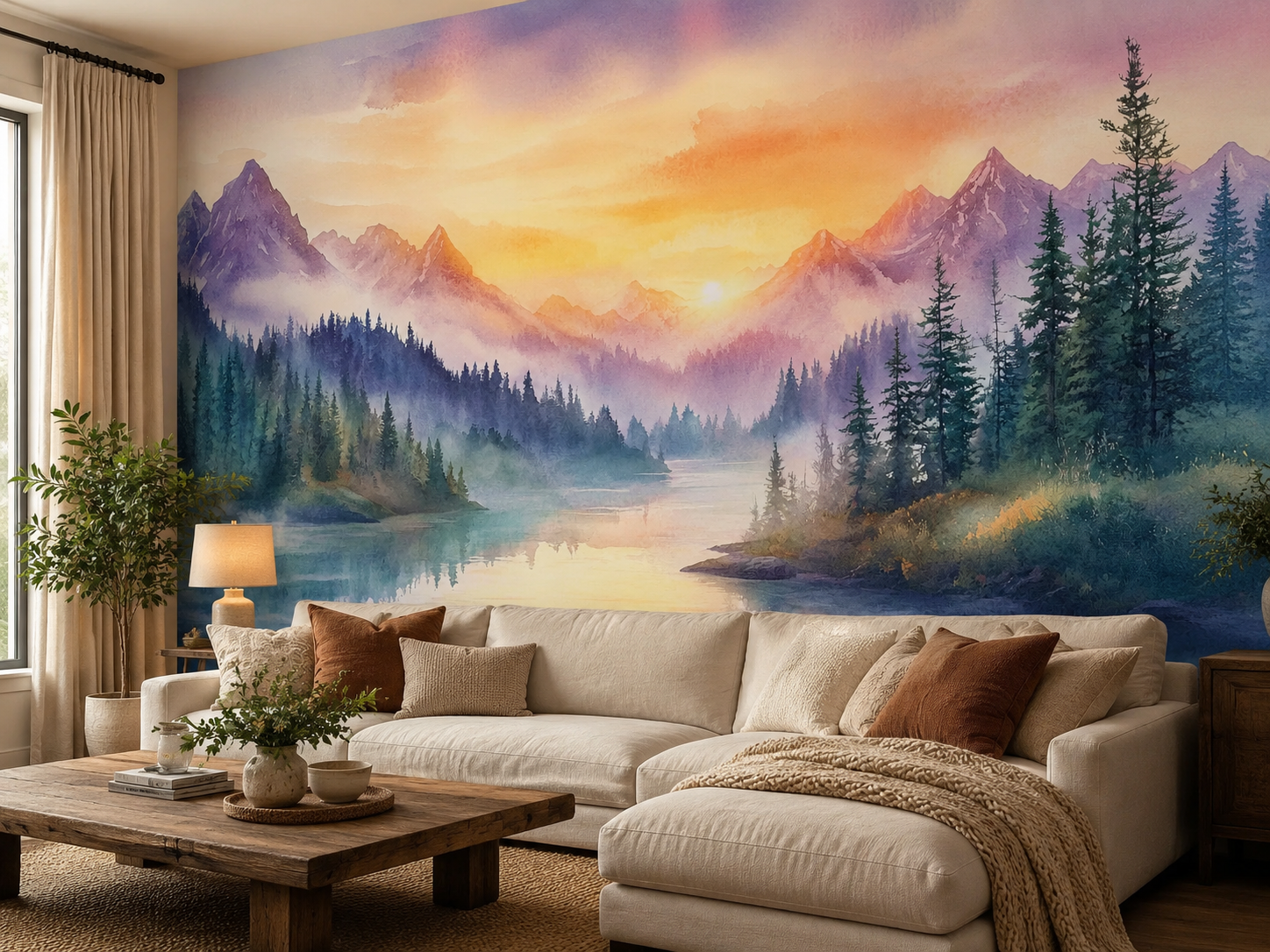 Watercolor sunrise mountain wall mural with purple peaks, evergreen forest and reflective lake in a living room