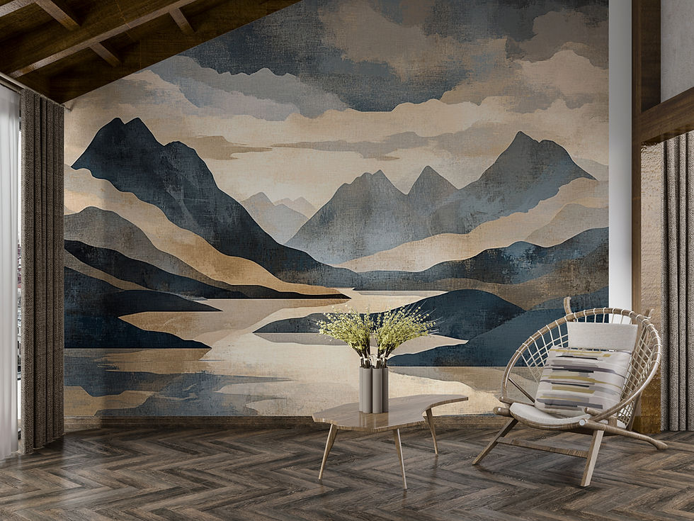 Thumbnail: Full view of Obsidian Vale abstract landscape wall mural by Bellasso, layered charcoal mountains with reflective water textur