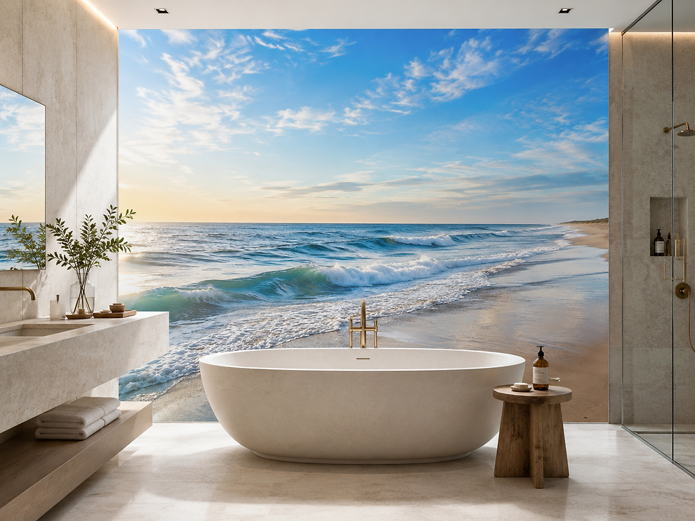 Thumbnail: Beach wallpaper with calm blue ocean and sandy shoreline enhancing a spa-inspired bathroom.