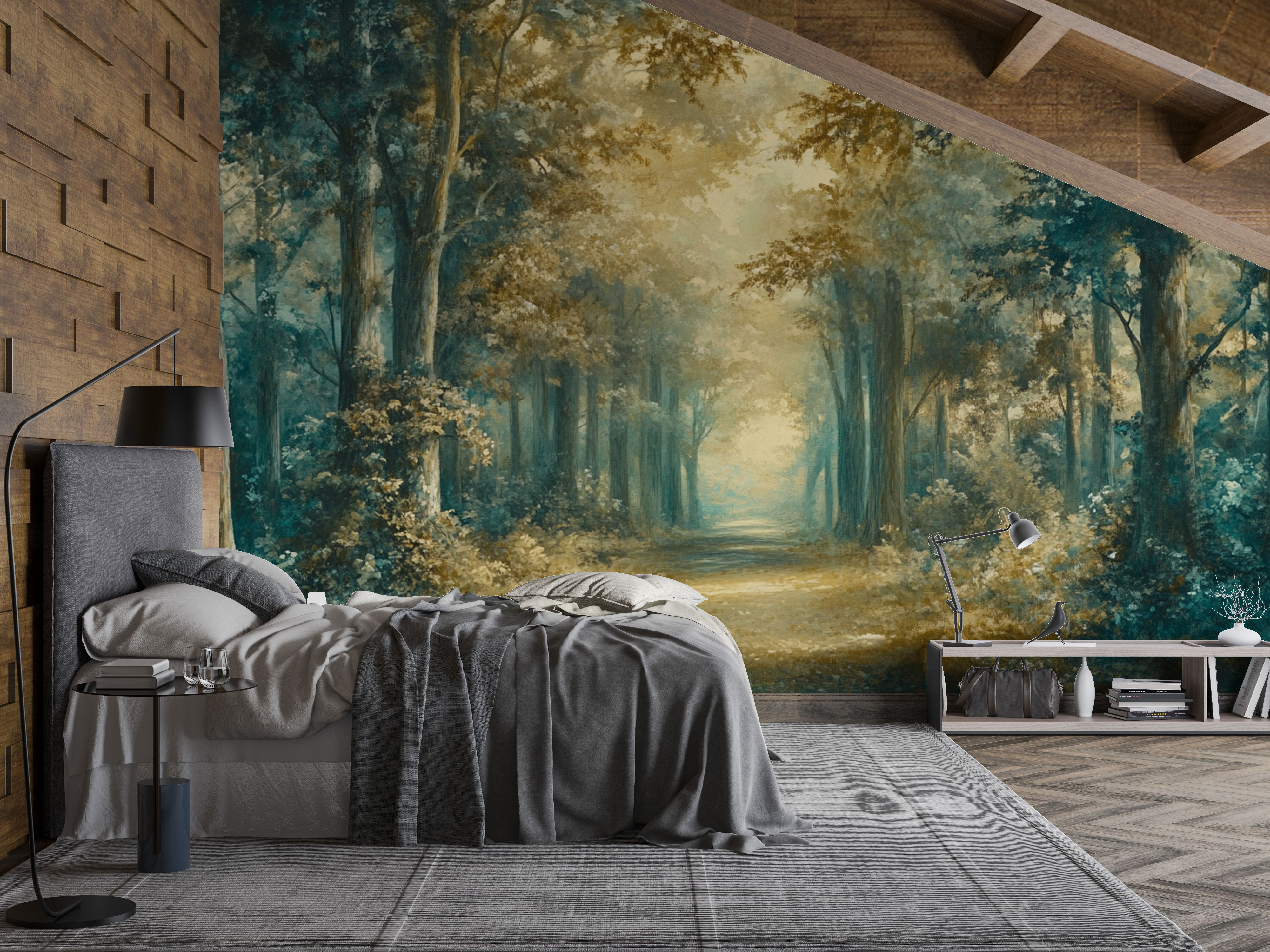 Moody luxury bedroom featuring Sylvaren enchanted forest wallpaper mural