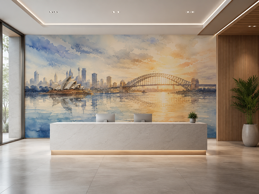 Thumbnail: Sydney Harbour skyline mural with Opera House, Harbour Bridge, city towers and warm watercolor sunset reflections