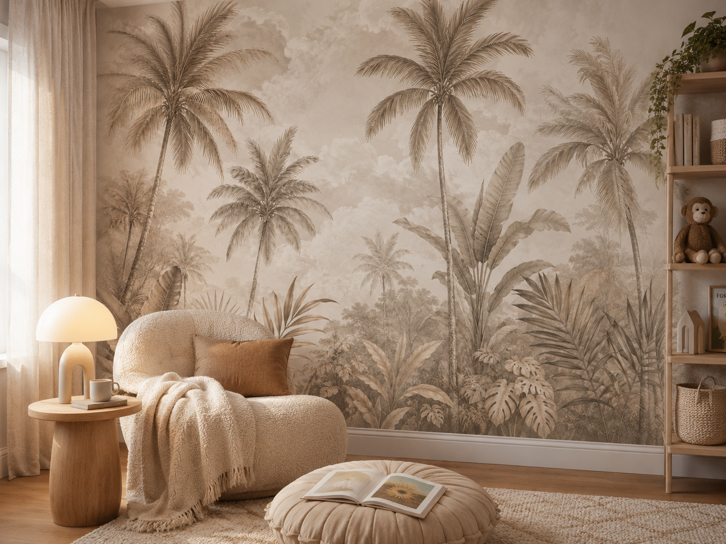 Neutral palm forest wallpaper mural with soft clouds and layered tropical foliage in a reading room.