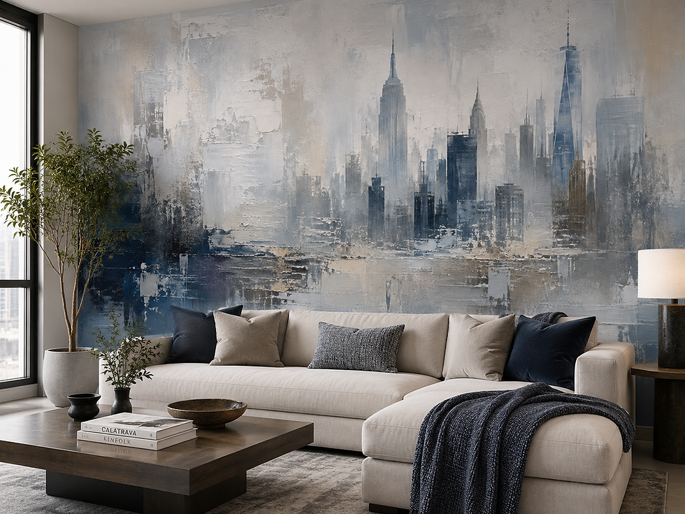 New York City skyline wallpaper mural in misty blue and gray tones in a modern living room.