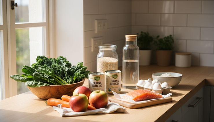 Wide-angle view of fresh groceries arranged on a kitchen counter for simple meal preparation.