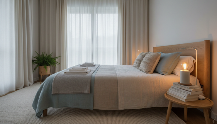 Wide-angle view of a softly lit bedroom with closed curtains and folded blankets.