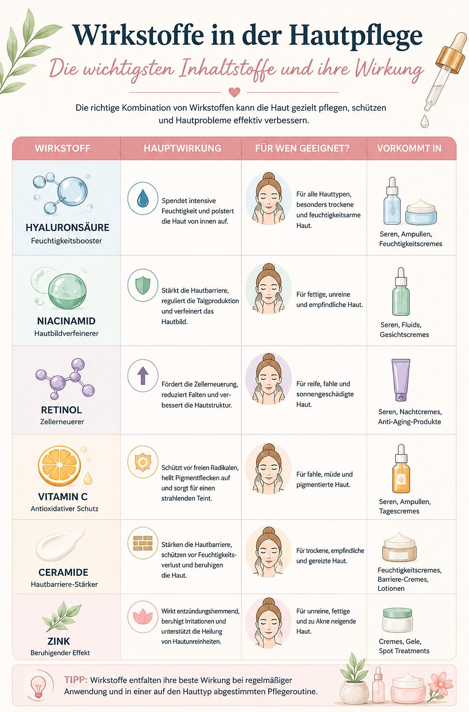 Infografik mit den wichtigsten Hautpflege-Wirkstoffen wie Hyaluronsäure, Niacinamid, Retinol, Vitamin C, Ceramiden und Zink sowie deren Wirkung und geeigneten Hauttypen.