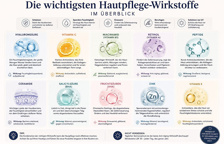 Infografik mit den wichtigsten Hautpflege-Wirkstoffen wie Hyaluronsäure, Ceramide, Retinol, Vitamin C, Niacinamid, AHA und BHA im Überblick.