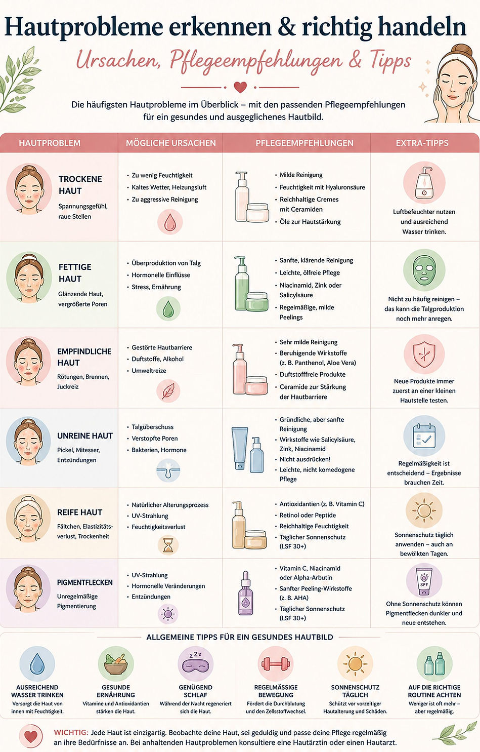 Infografik zu häufigen Hautproblemen mit Ursachen, Pflegeempfehlungen und praktischen Tipps für trockene, fettige, empfindliche, unreine und reife Haut sowie Pigmentflecken.