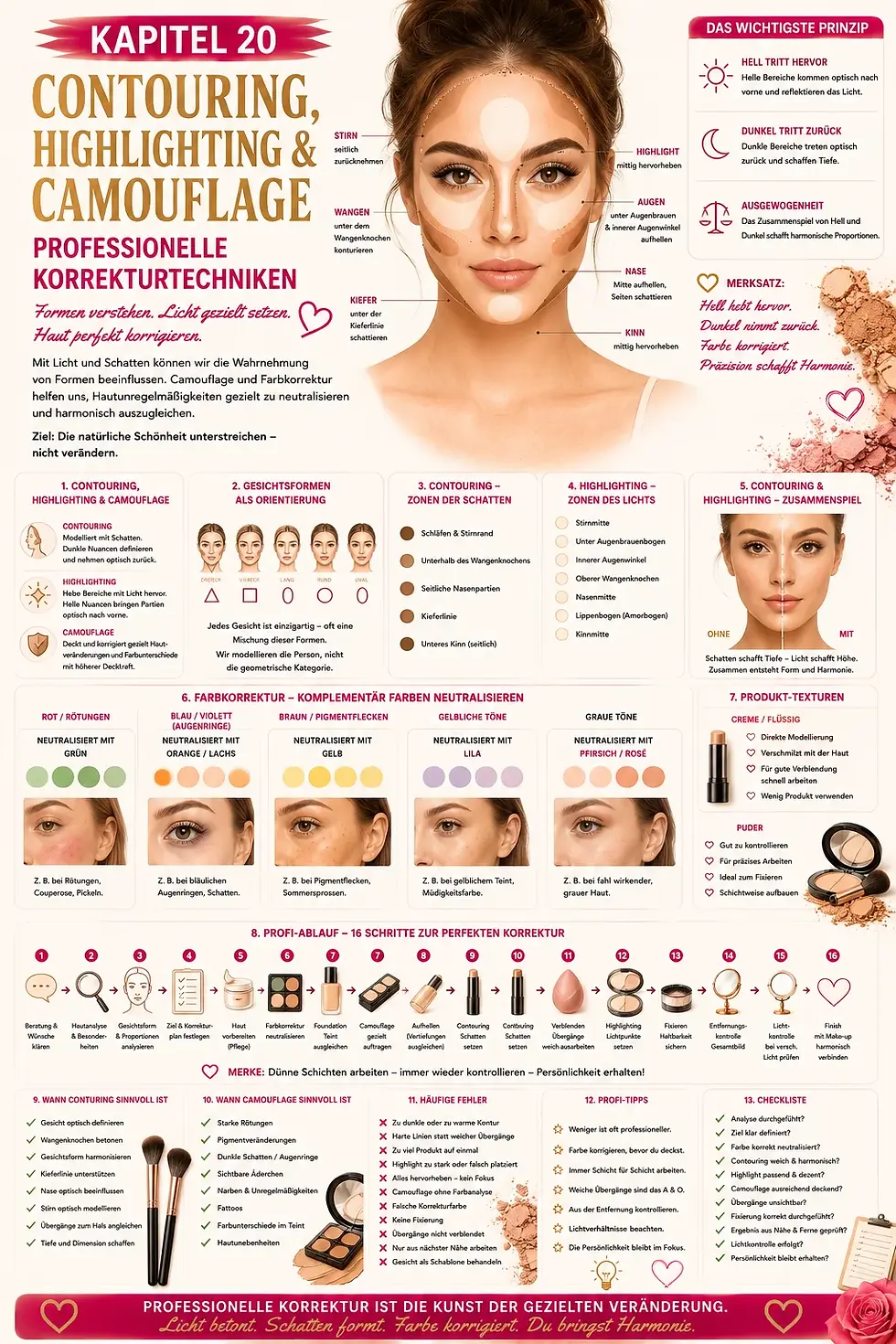 Infografik zu Contouring, Highlighting & Camouflage: Frauengesicht mit markierten Licht- und Schattenzonen, viele Anleitungstexte.