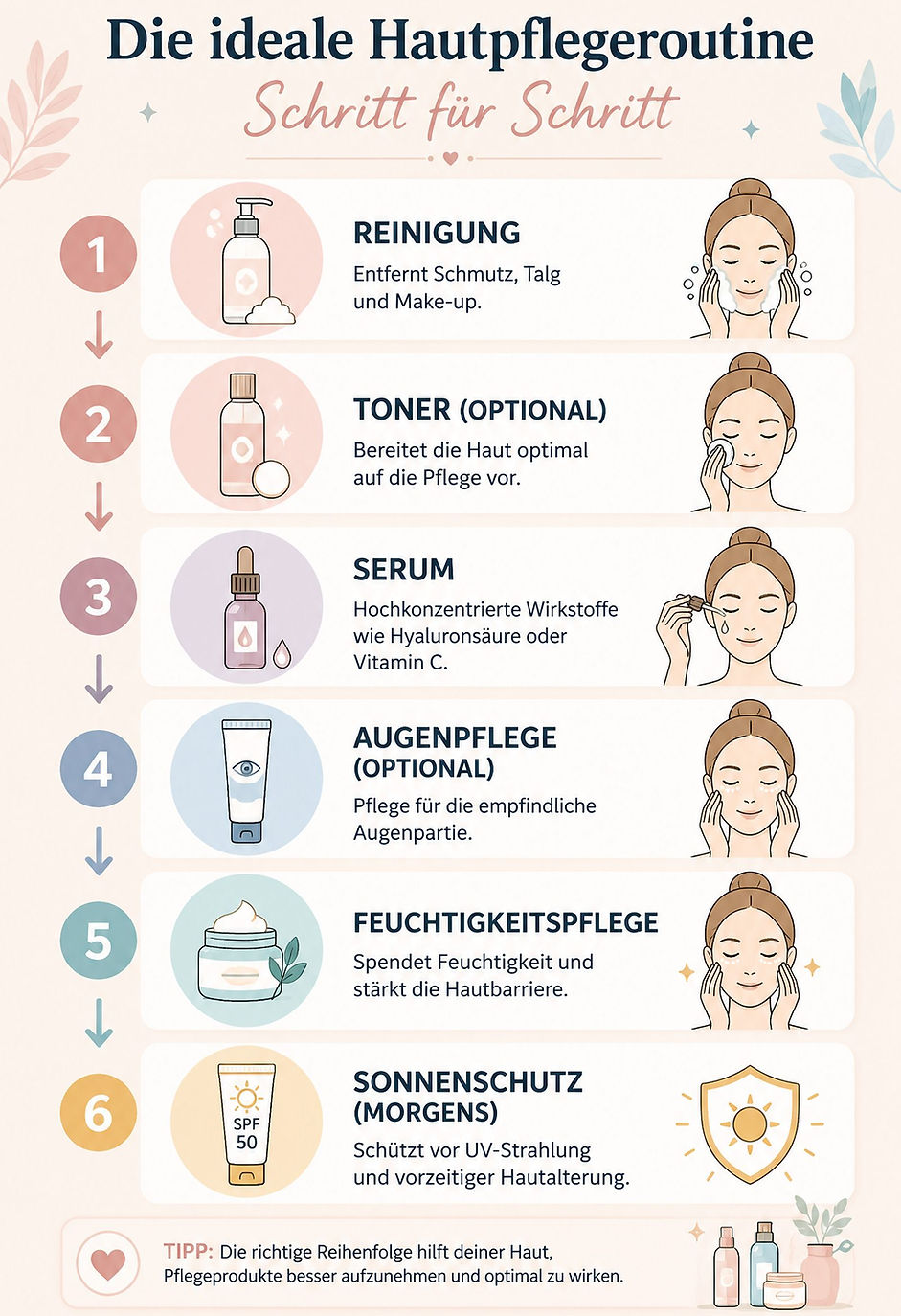Infografik zur richtigen Reihenfolge der täglichen Hautpflege mit Reinigung, Toner, Serum, Augenpflege, Feuchtigkeitspflege und Sonnenschutz.