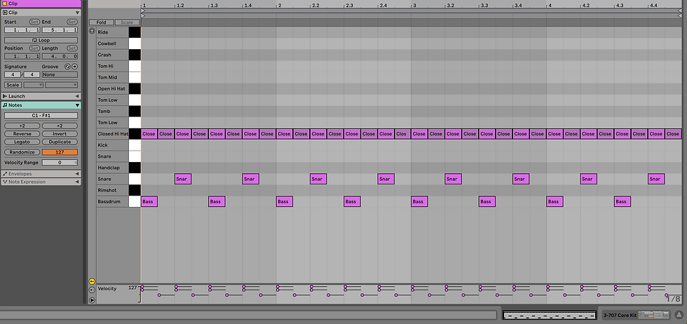 A screenshot of a drum beat written in MIDI in Ableton Live
