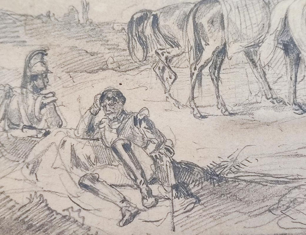 Miniaturbild: Bleistiftzeichnung von Josef Anton Strassgschwandtner – Kavalleristen bei der Rast