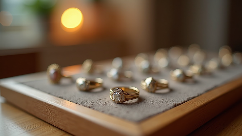 Eye-level view of a collection of wedding rings on a wooden display