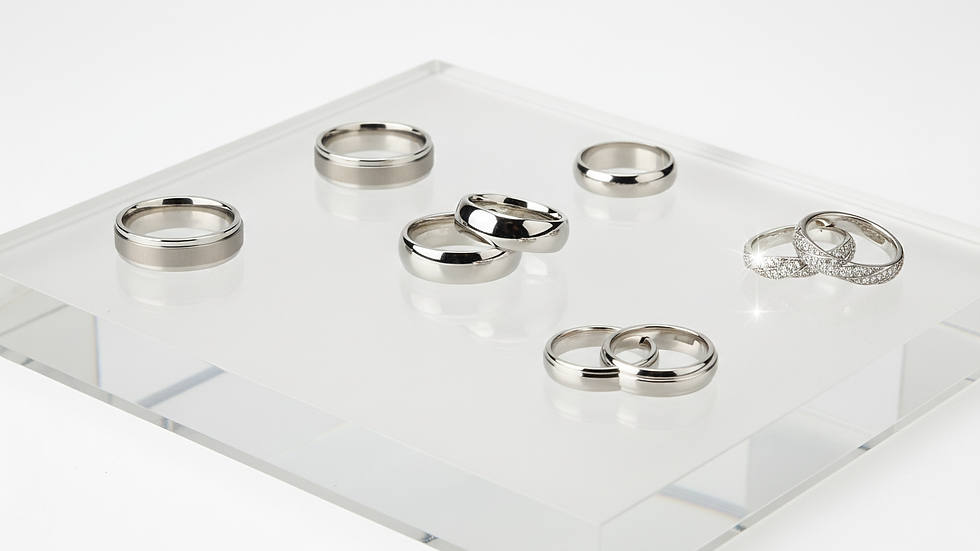 Eye-level view of a display case with various steel wedding rings