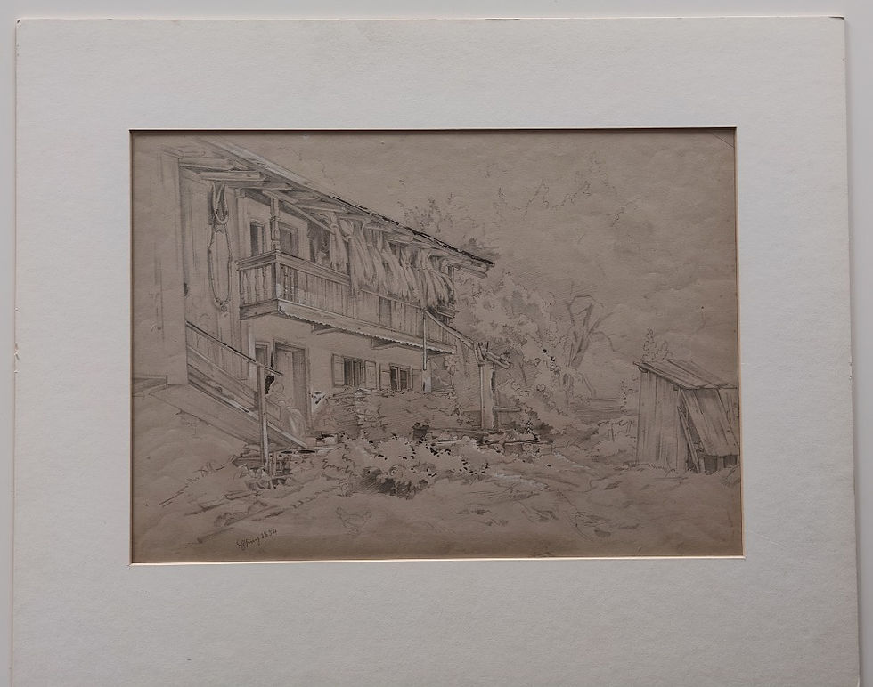 Bauernhaus mit kleiner Scheune, Zeichnung von 1854