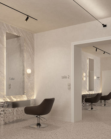 Katowice - Strefa pracy w salonie fryzjerskim w stylu nowoczesnym - projekt wnętrz, aranżacja wnętrz premium, projektowanie wnętrz, architekt wnętrz, ergonomiczna przestrzeń pracy, optymalne oświetlenie i komfort, Moogaa Studio
