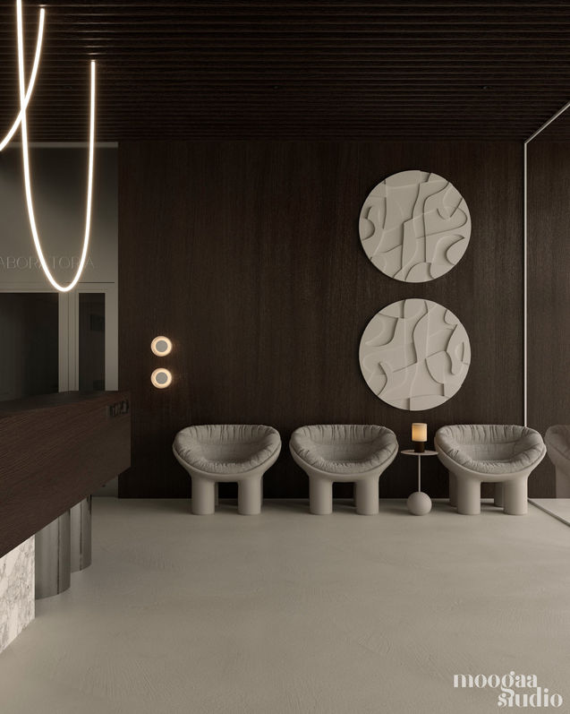 Waiting area in an office interior design project with a wall finished in wood paneling.