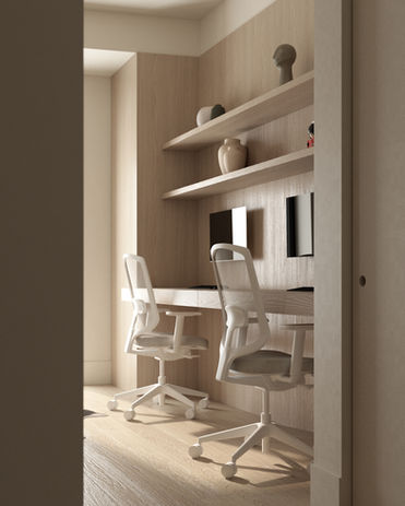 Nowy Jork - Biuro domowe w stylu japandi - projekt wnętrz, aranżacja wnętrz premium, projektowanie wnętrz, architekt wnętrz, minimalistyczna przestrzeń pracy, Moogaa Studio