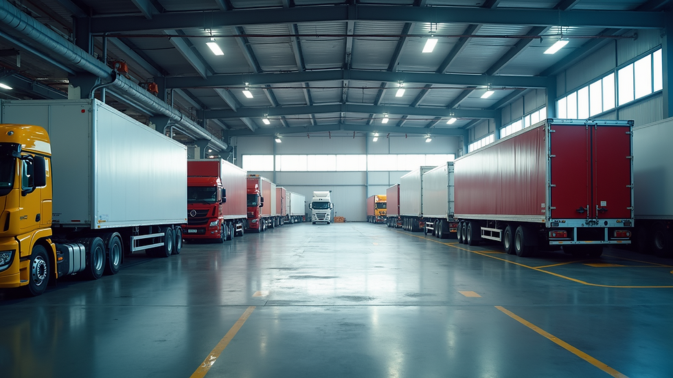 Wide angle view of a modern logistics fleet parking area
