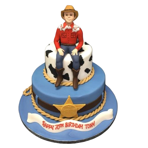 A beautifully decorated cowboy-themed cake featuring intricate detailing and vibrant colours, perfect for western-themed celebrations in the UK.