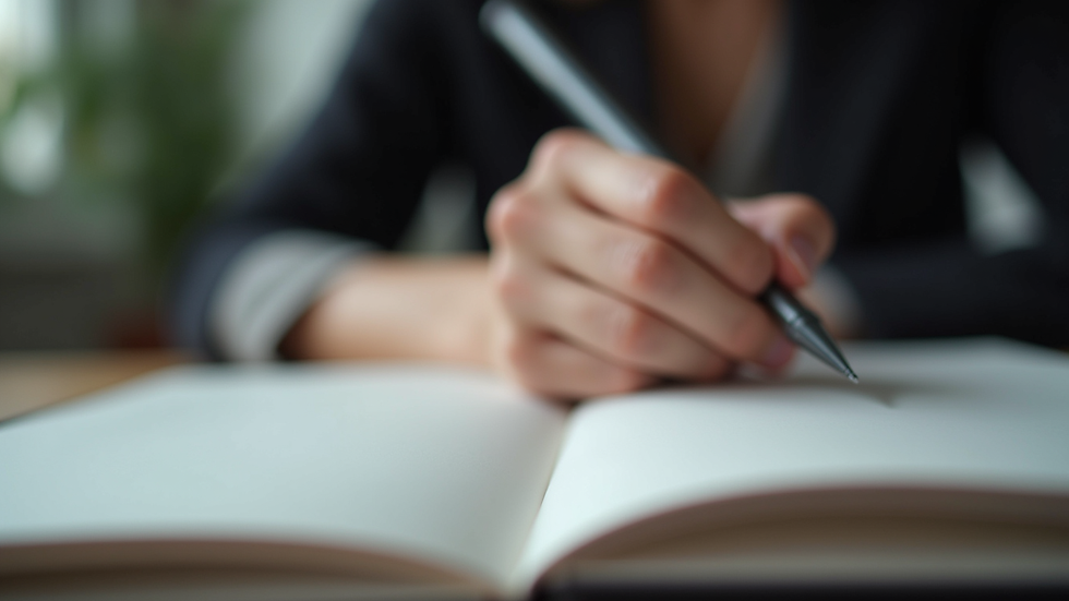 Eye-level view of a person writing in a notebook with a pen