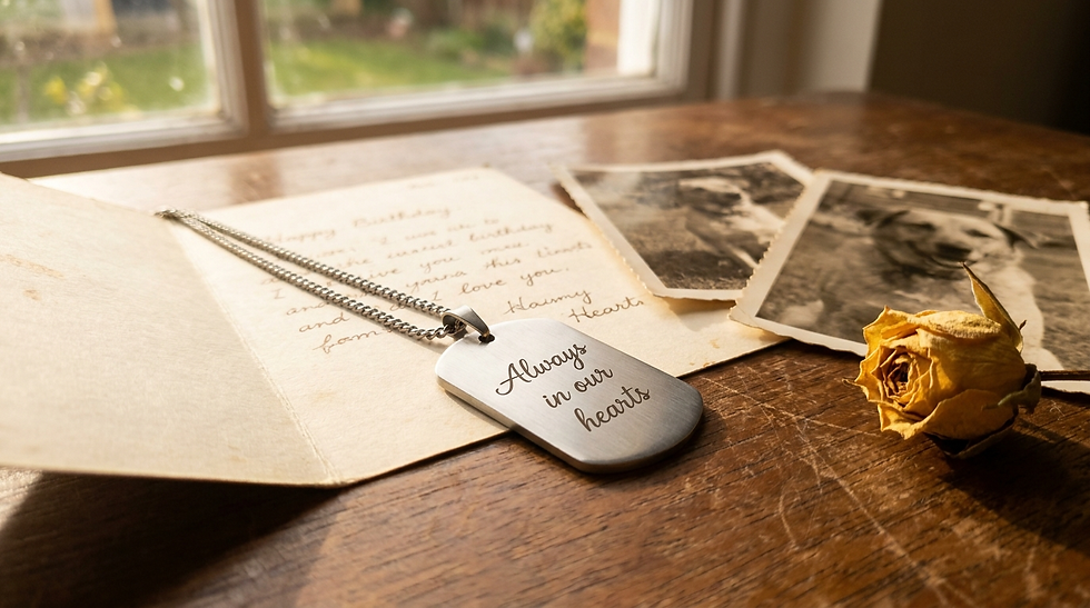 Brushed steel handwriting necklace resting on an open birthday card with old photographs, a sympathy gift for loss of a sibling