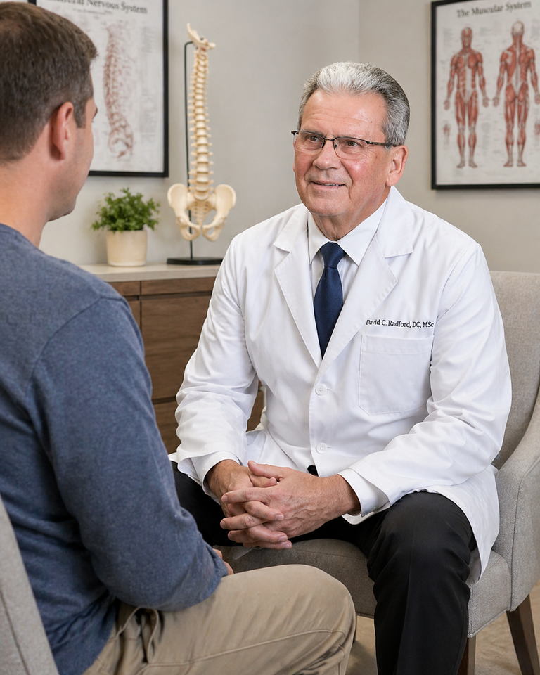 Doctor in white coat speaking with a seated patient in a calm clinic setting