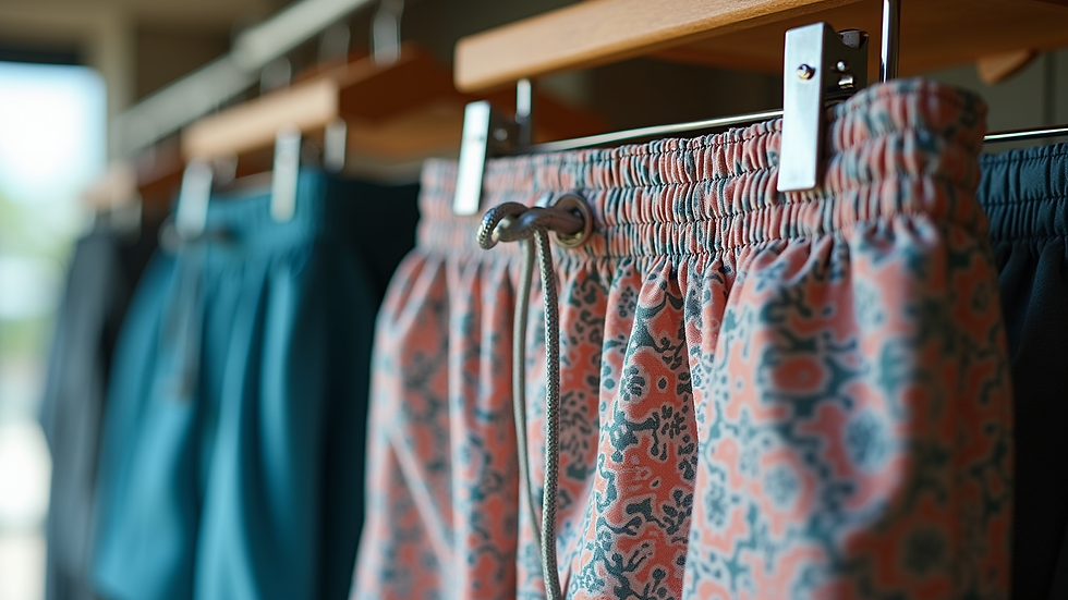 Close-up view of patterned luxury swim shorts hanging on a rack