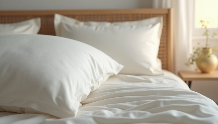 Close-up view of a neatly made bed with 100% cotton bedding in soft neutral colors
