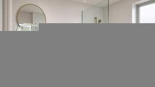 Warm Japandi Singapore HDB 4-room bathroom - floating oak vanity, glass wet/dry, brass (illustrative AI-assisted, not a completed-job photo) - Blackwoods Interior