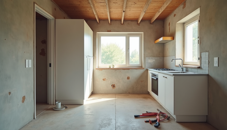 Eye-level view of a partially renovated kitchen with exposed walls and construction materials