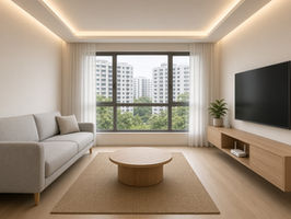 Singapore HDB living room in warm minimal style with a grey sofa flush against the left wall facing a wall-mounted TV on the right wall, a floating oak TV console with a router niche, a slim smart switch panel beside the TV, a round oak coffee table on a jute rug, warm cove lighting and a window with HDB blocks and tropical greenery (illustrative AI-assisted concept, not a completed Blackwoods project) - Blackwoods Interior