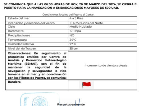 AVISO A LA COMUNIDAD MARÍTIMA DEL PUERTO DE TUXPAN, VERACRUZ
