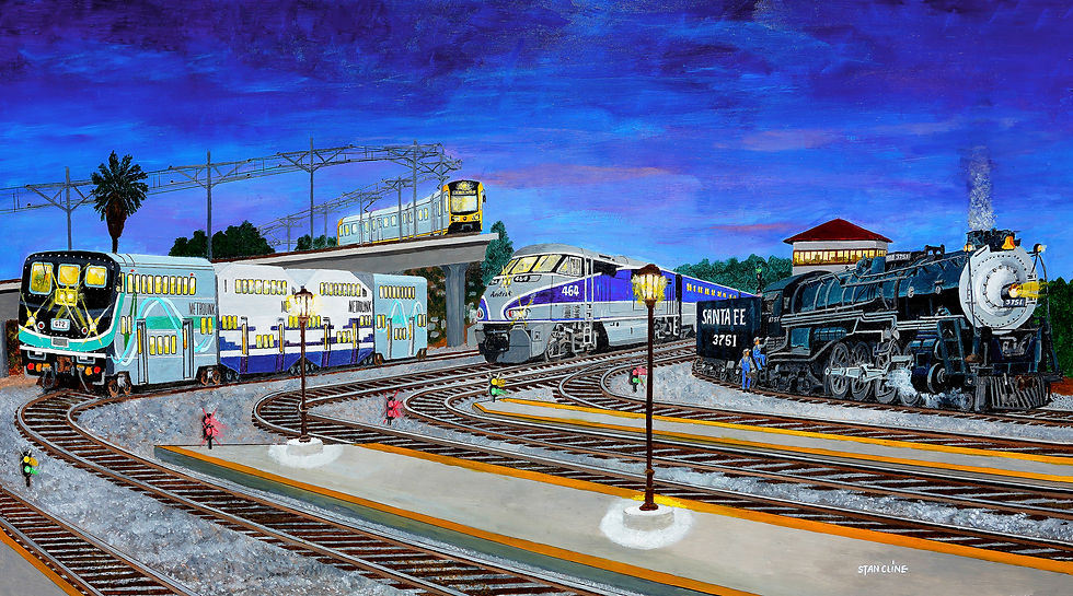 Union Station LA, showing Metro gold line, Amtrak, Metrolink & SF steam