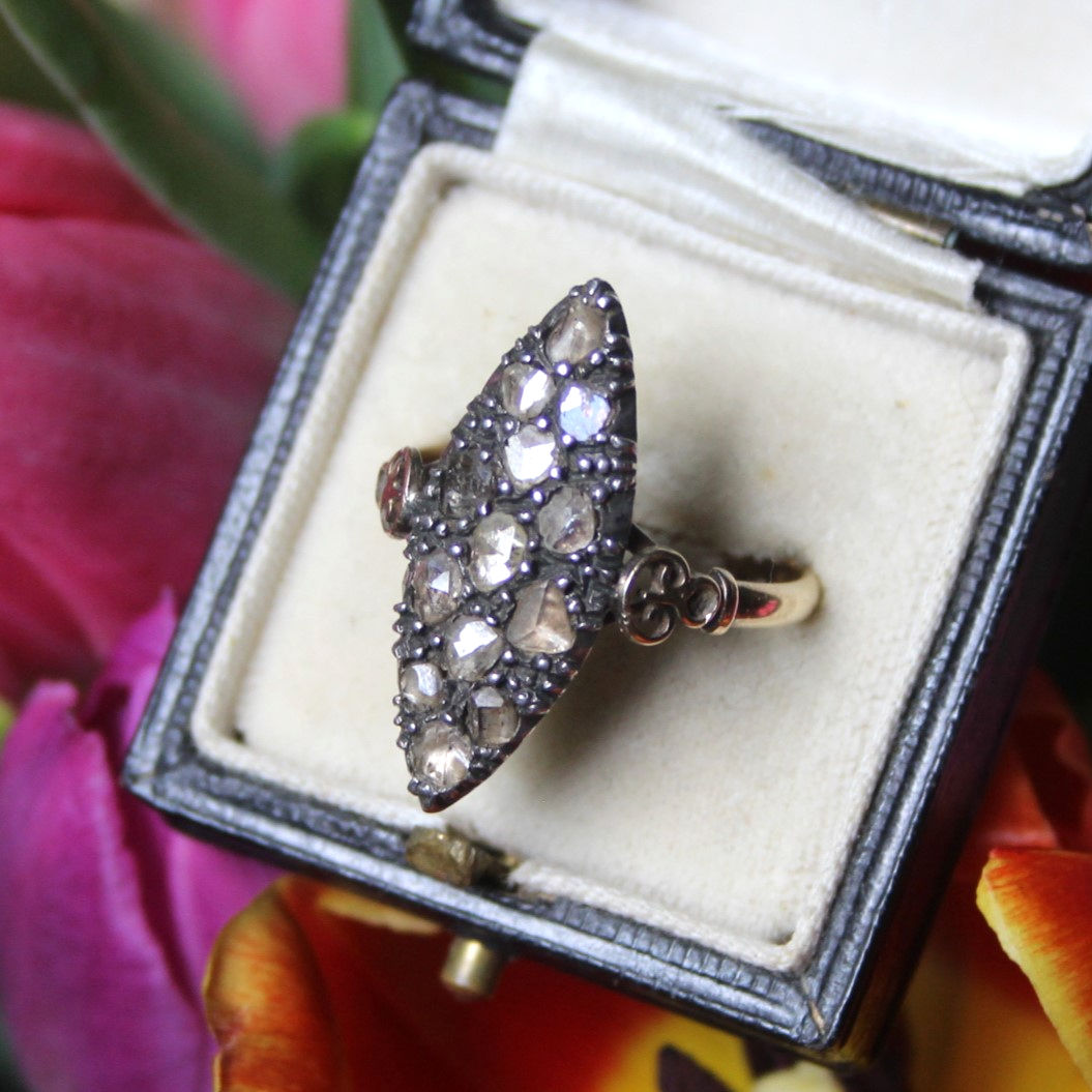 Unusual Antique 18K Gold French Diamond Navette Ring