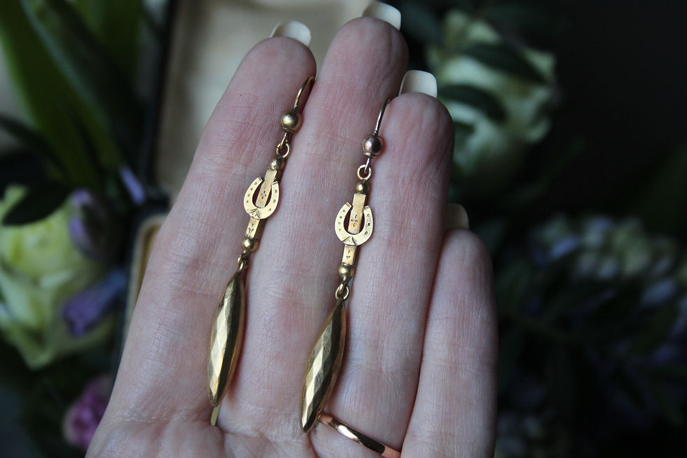 Thumbnail: Antique 9K Gold Long Drop Lucky Horseshoe Earrings