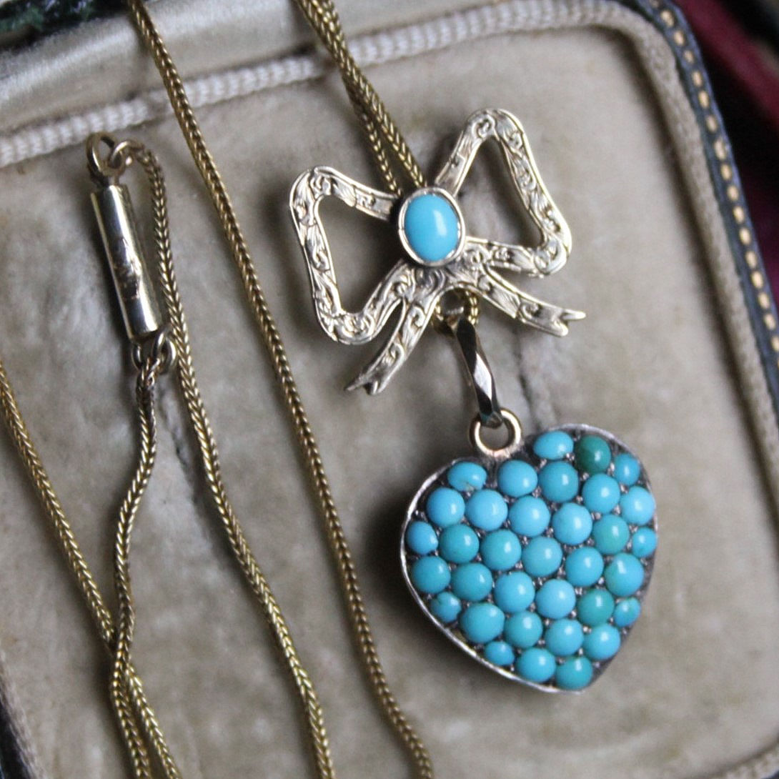 Beautifully Engraved Antique Victorian Gold Turquoise Heart Locket, Bow Necklace