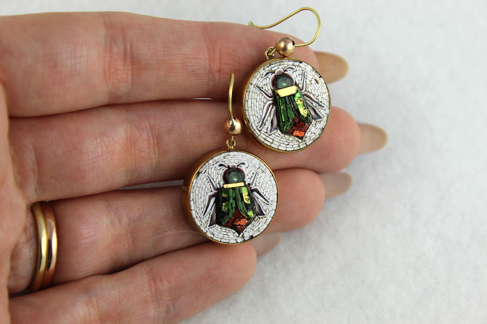 Thumbnail: Rare Antique 1800s Micro Mosaic Scarab Beetle Earrings