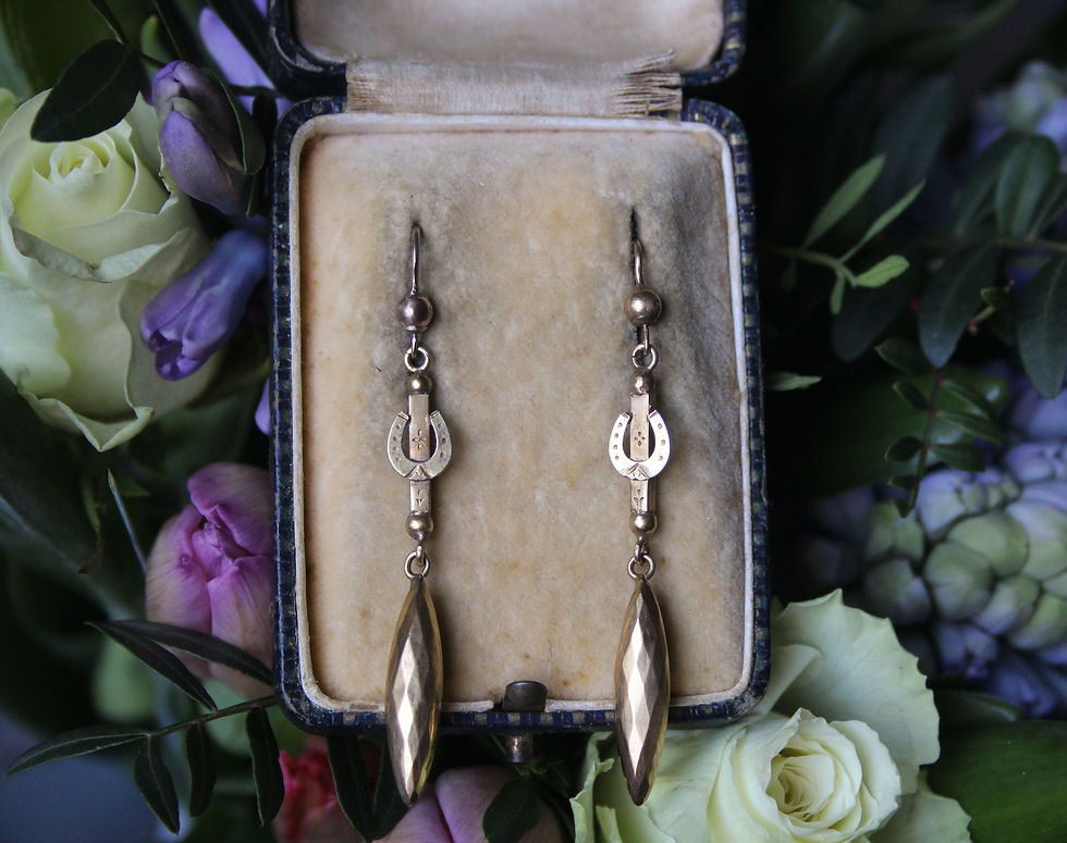 Thumbnail: Antique 9K Gold Long Drop Lucky Horseshoe Earrings