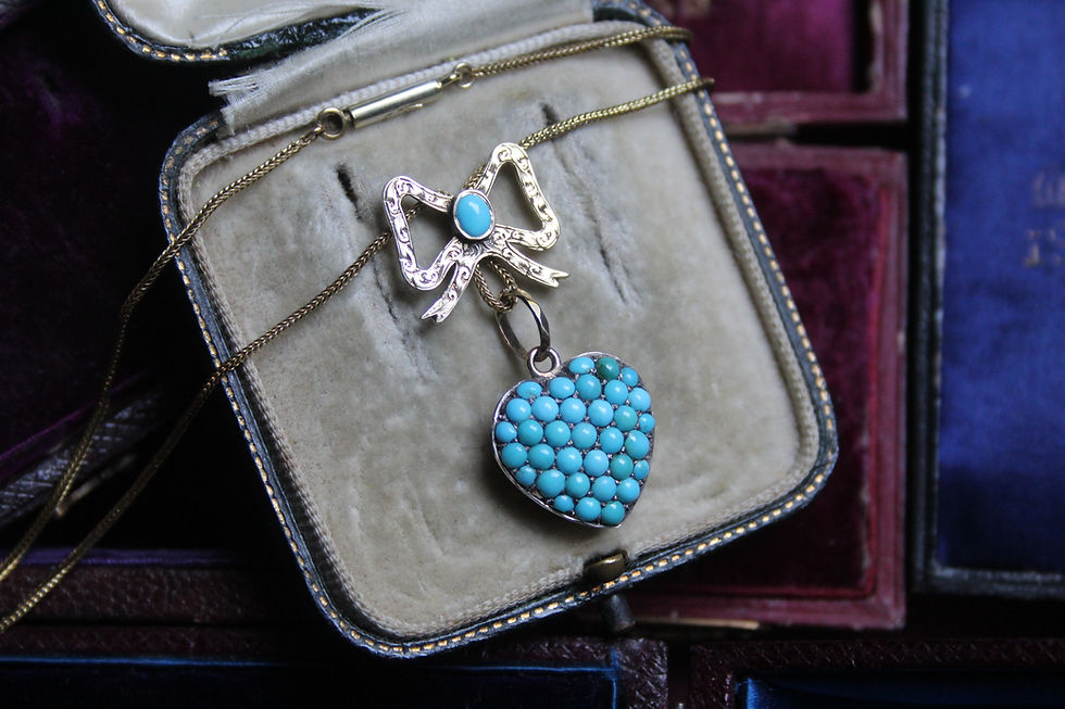 Thumbnail: Beautifully Engraved Antique Victorian Gold Turquoise Heart Locket, Bow Necklace