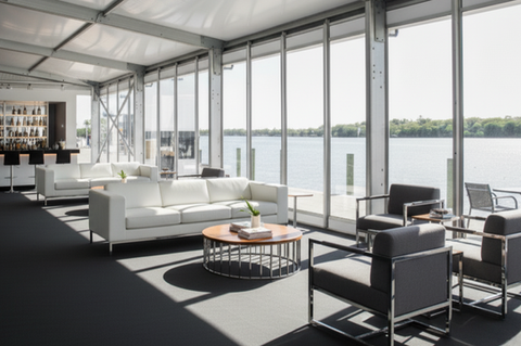 Restaurant structure built by the water with scenic views