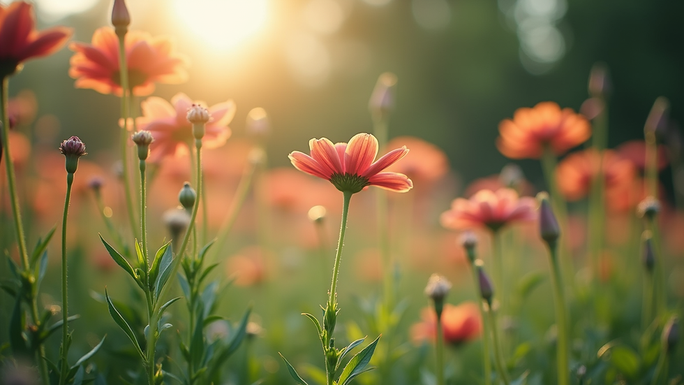 Eye-level view of a serene garden with blooming flowers
