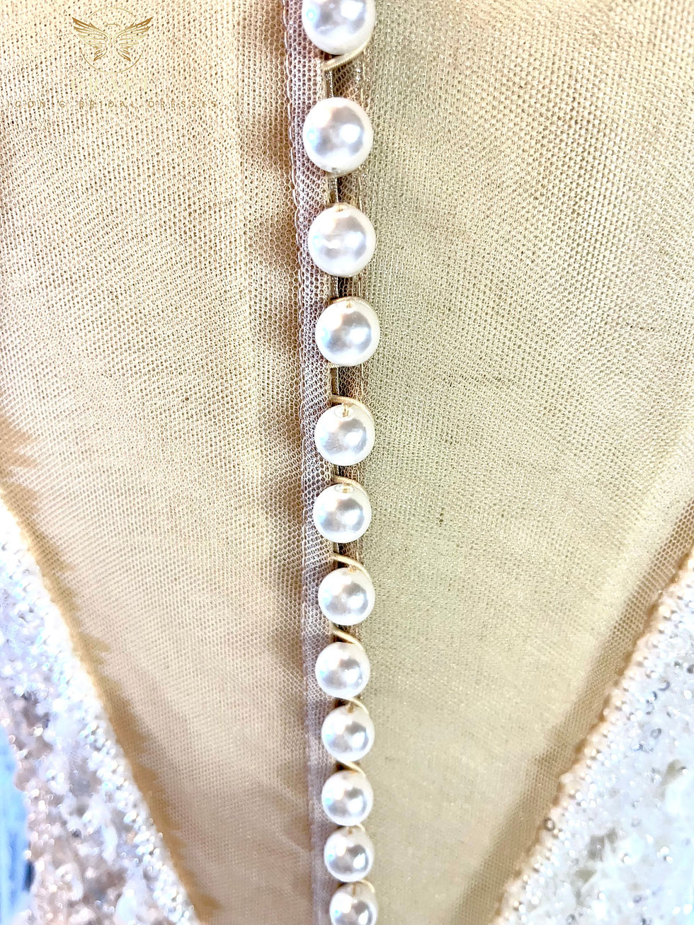 Thumbnail: Wedding Dress LAURA Glitter with V-Neckline and Chapel Length Train