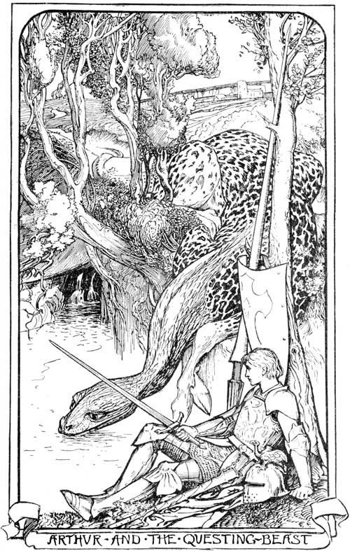 Illustration en noir et blanc : Arthur épie la Bête Glastissante à la tête de serpent, au corps de léopard et aux pattes de cerf